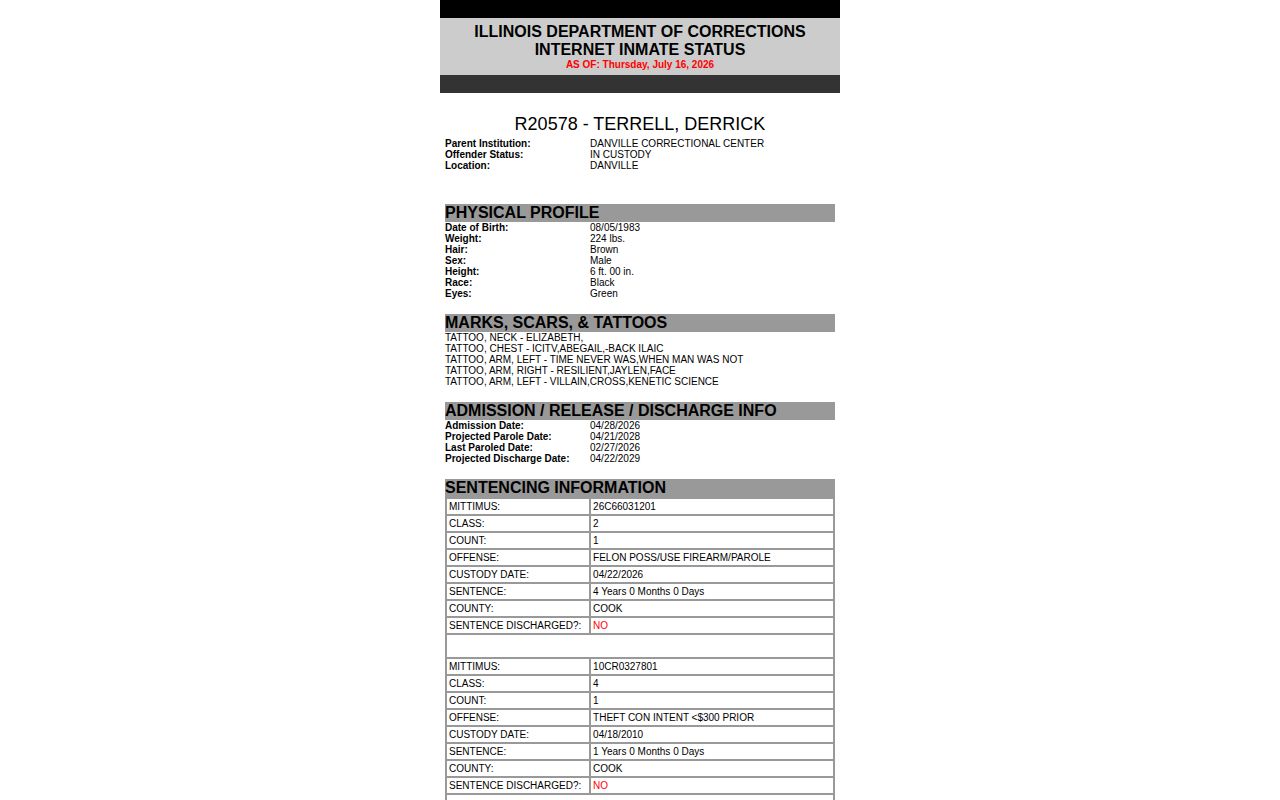 IDOC projected release date fields for a Marshall County sentence lookup