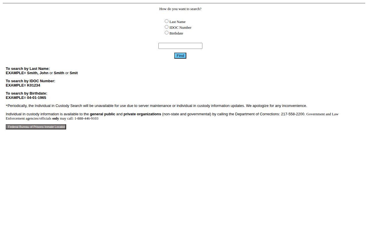 Illinois Department of Corrections release record search form for Marshall County cases