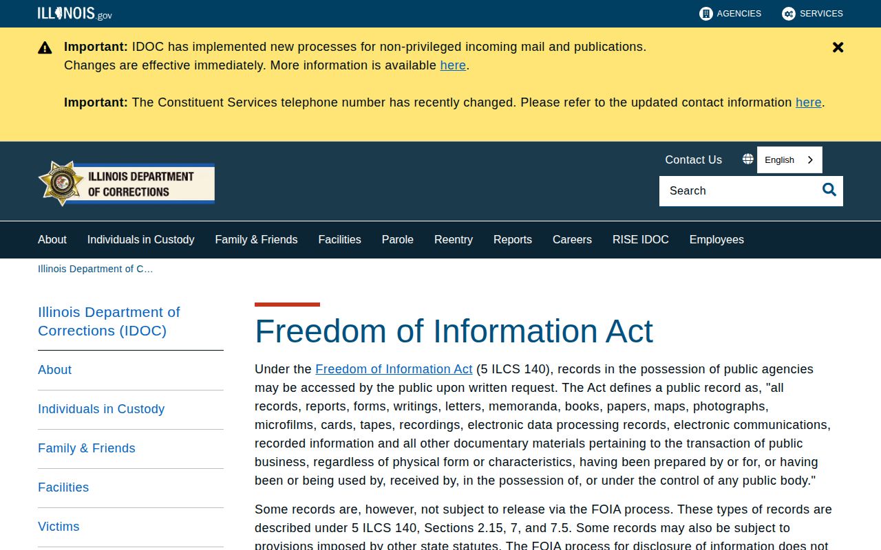 IDOC public records request instructions for Illinois prison release and discharge records