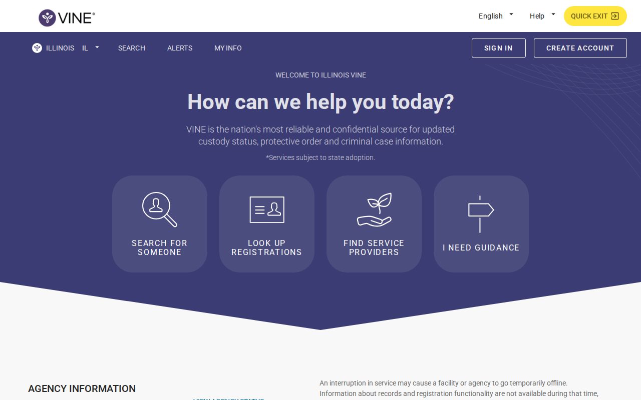 Illinois VINE search page used for custody and release notifications