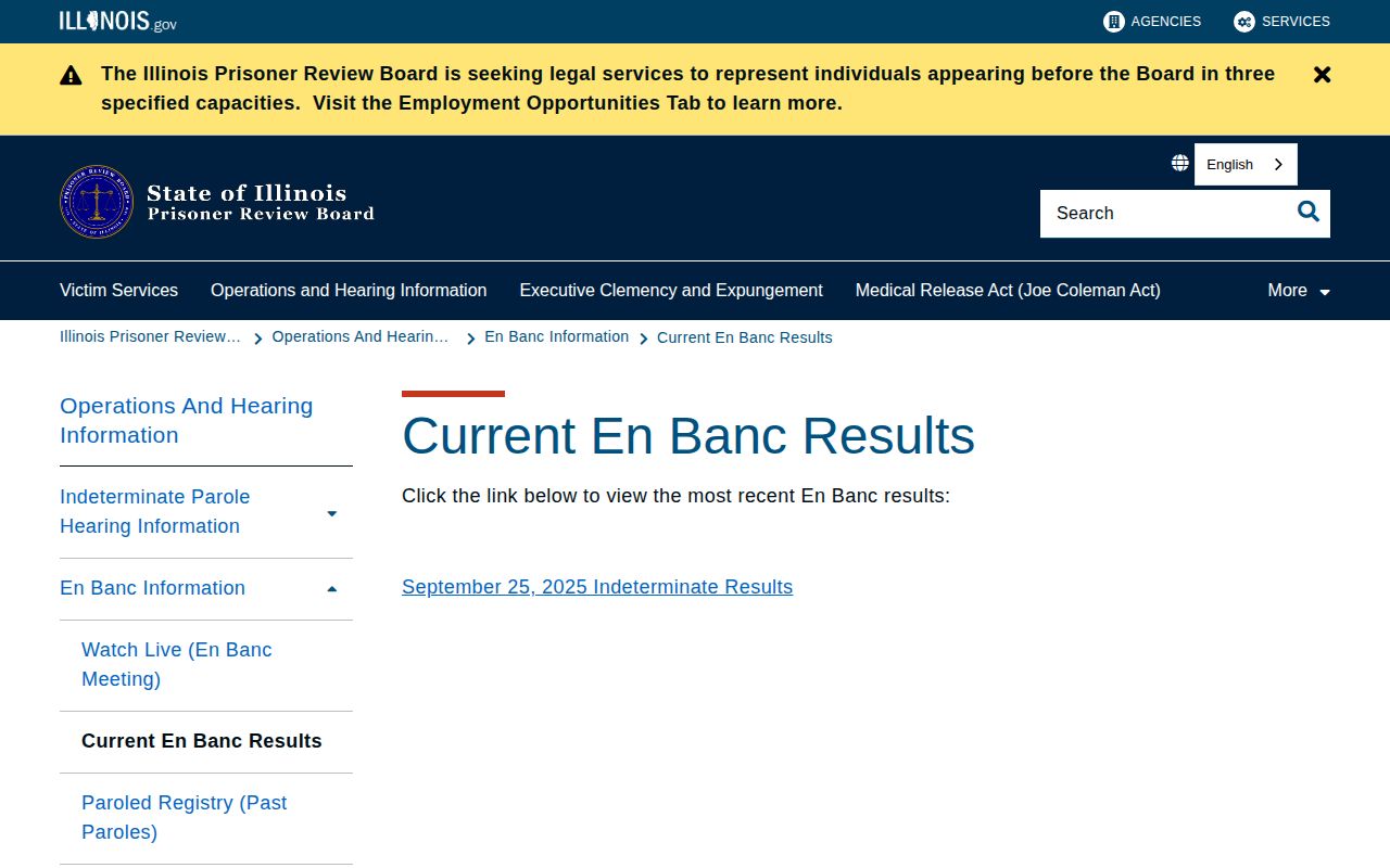 Illinois Prisoner Review Board current en banc results page